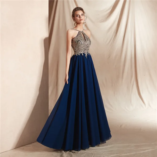 Élégant Bleu Marine Chiffon Transparentes Dansant Robe De Bal 2020 Princesse Titulaire Sans Manches Appliques En Dentelle Perlage Longue Dos Nu Robe De Ceremonie