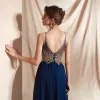 Elegant Navy Blue Chiffon See-through Dancing Prom Dresses 2020 A-Line / Princess Halter Sleeveless Appliques Lace Beading Floor-Length / Long Backless Formal Dresses