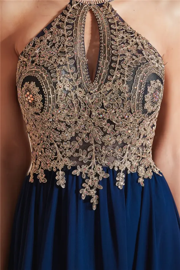 Élégant Bleu Marine Chiffon Transparentes Dansant Robe De Bal 2020 Princesse Titulaire Sans Manches Appliques En Dentelle Perlage Longue Dos Nu Robe De Ceremonie