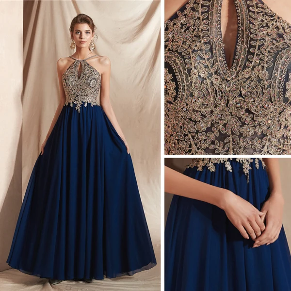 Élégant Bleu Marine Chiffon Transparentes Dansant Robe De Bal 2020 Princesse Titulaire Sans Manches Appliques En Dentelle Perlage Longue Dos Nu Robe De Ceremonie