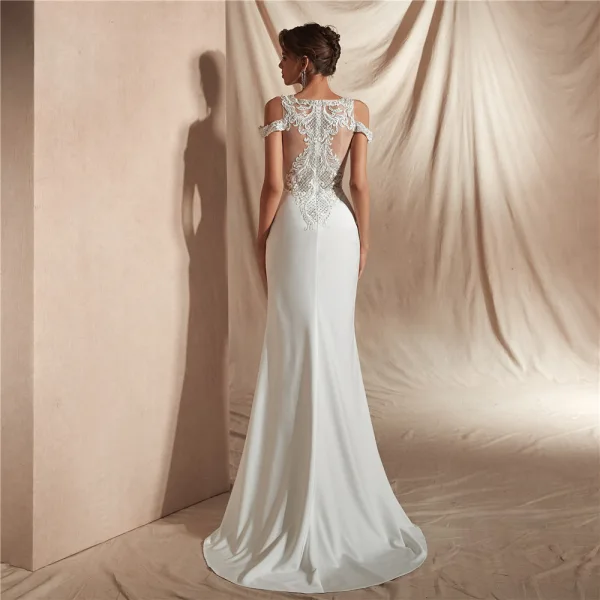 Abordable Ivoire Satin Transparentes La Mariée Robe De Mariée 2020 Trompette / Sirène V-Cou Manches Courtes Appliques En Dentelle Perlage Train De Balayage Volants