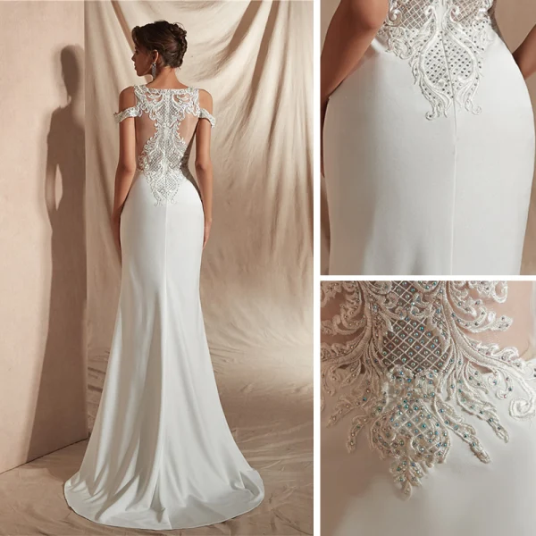 Abordable Ivoire Satin Transparentes La Mariée Robe De Mariée 2020 Trompette / Sirène V-Cou Manches Courtes Appliques En Dentelle Perlage Train De Balayage Volants