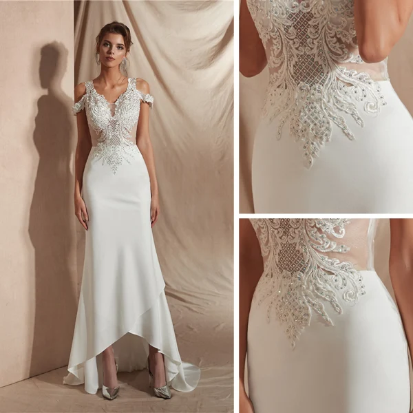 Abordable Ivoire Satin Transparentes La Mariée Robe De Mariée 2020 Trompette / Sirène V-Cou Manches Courtes Appliques En Dentelle Perlage Train De Balayage Volants