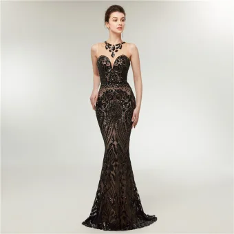 Sexy Noire Transparentes Robe De Soirée 2020 Trompette Sirène Encolure Dégagée Sans Manches Paillettes Train De Balayage Dos Nu Robe De Ceremonie