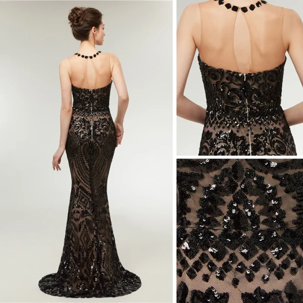 Sexy Noire Transparentes Robe De Soirée 2020 Trompette / Sirène Encolure Dégagée Sans Manches Paillettes Train De Balayage Dos Nu Robe De Ceremonie