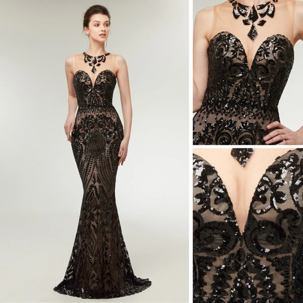 Sexy Noire Transparentes Robe De Soirée 2020 Trompette / Sirène Encolure Dégagée Sans Manches Paillettes Train De Balayage Dos Nu Robe De Ceremonie