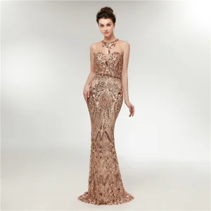 Sexy See Through Champagne Sequins Evening Dresses 2020 Trumpet Mermaid Scoop Neck Sleeveless Sweep Train Backless Formal Dresses