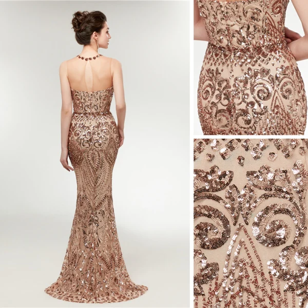 Sexy Transparentes Champagne Paillettes Robe De Soirée 2020 Trompette / Sirène Encolure Dégagée Sans Manches Train De Balayage Dos Nu Robe De Ceremonie
