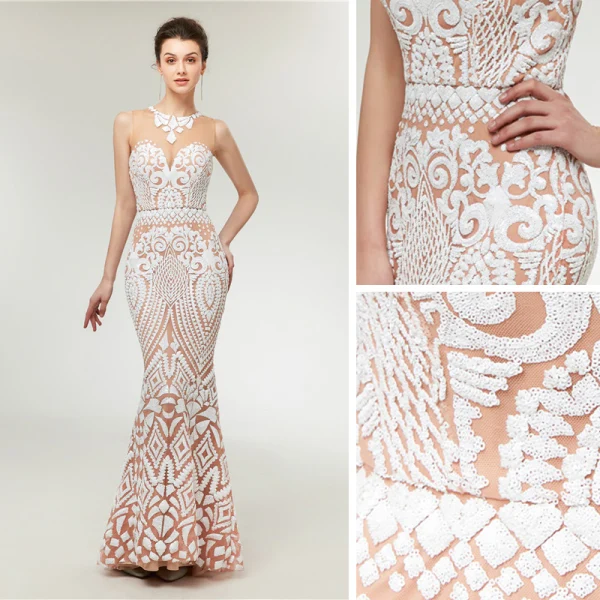 Sexy Transparentes Champagne Paillettes Robe De Soirée 2020 Trompette / Sirène Encolure Dégagée Sans Manches Train De Balayage Dos Nu Robe De Ceremonie