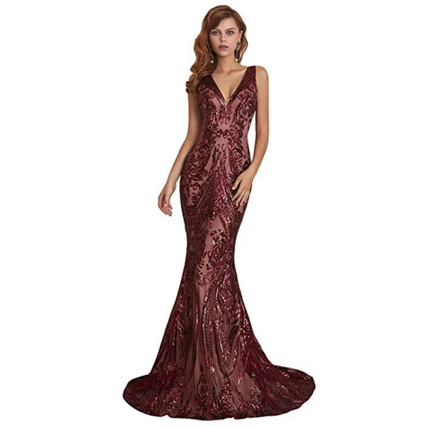 Elegante Champagner Pailletten Abendkleider 2020 Meerjungfrau Tiefer V-Ausschnitt Ärmellos Sweep / Pinsel Zug Rüschen Rückenfreies Festliche Kleider