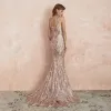 Elegant Champagne Sequins Evening Dresses  2020 Trumpet / Mermaid Deep V-Neck Sleeveless Sweep Train Ruffle Backless Formal Dresses