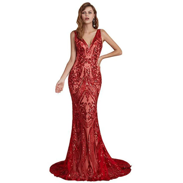 Elegante Champagner Pailletten Abendkleider 2020 Meerjungfrau Tiefer V-Ausschnitt Ärmellos Sweep / Pinsel Zug Rüschen Rückenfreies Festliche Kleider