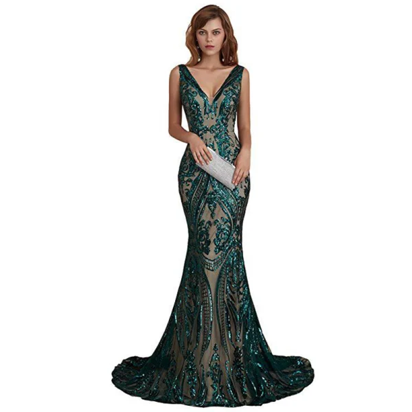 Elegante Champagner Pailletten Abendkleider 2020 Meerjungfrau Tiefer V-Ausschnitt Ärmellos Sweep / Pinsel Zug Rüschen Rückenfreies Festliche Kleider