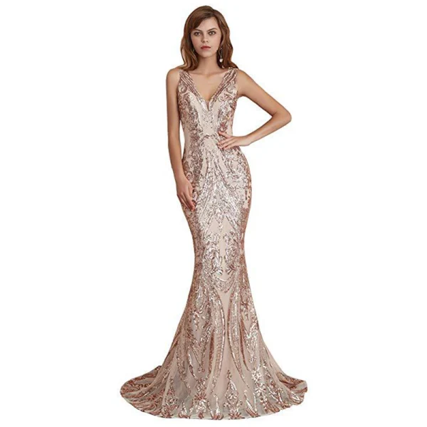 Elegante Champagner Pailletten Abendkleider 2020 Meerjungfrau Tiefer V-Ausschnitt Ärmellos Sweep / Pinsel Zug Rüschen Rückenfreies Festliche Kleider