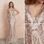 Elegante Champagner Pailletten Abendkleider 2020 Meerjungfrau Tiefer V-Ausschnitt Ärmellos Sweep / Pinsel Zug Rüschen Rückenfreies Festliche Kleider