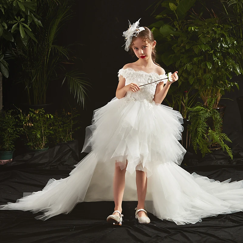 High Low White Birthday Flower Girl Dresses 2020 Ball Gown Off The Shoulder Short Sleeve Backless Appliques Flower Beading Asymmetrical Cascading Ruffles High Low White Birthday Flower Girl Dresses 2020 Ball Gown Off The Shoulder Short Sleeve Backless Appliques Flower Beading Asymmetrical Cascading Ruffles
