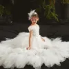 High Low White Birthday Flower Girl Dresses 2020 Ball Gown Off-The-Shoulder Short Sleeve Backless Appliques Flower Beading Asymmetrical Cascading Ruffles