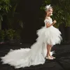 High Low White Birthday Flower Girl Dresses 2020 Ball Gown Off-The-Shoulder Short Sleeve Backless Appliques Flower Beading Asymmetrical Cascading Ruffles