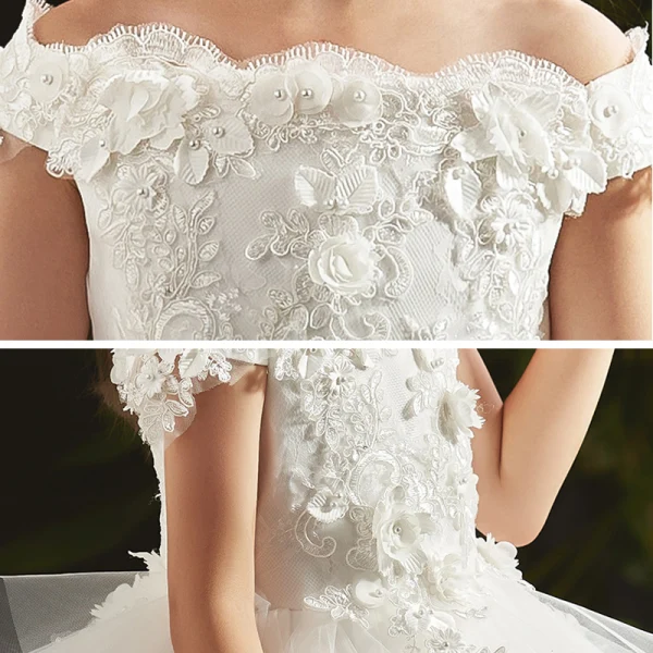 Hohes Niedriges Weiß Geburtstag Blumenmädchenkleider 2020 Ballkleid Off Shoulder Kurze Ärmel Rückenfreies Applikationen Blumen Perlenstickerei Asymmetrisch Fallende Rüsche