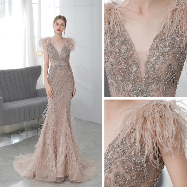 Luxe Champagne Tapis rouge Robe De Soirée 2020 Trompette / Sirène Col v profond Sans Manches Plumes Perlage Train De Balayage Volants Dos Nu Robe De Ceremonie