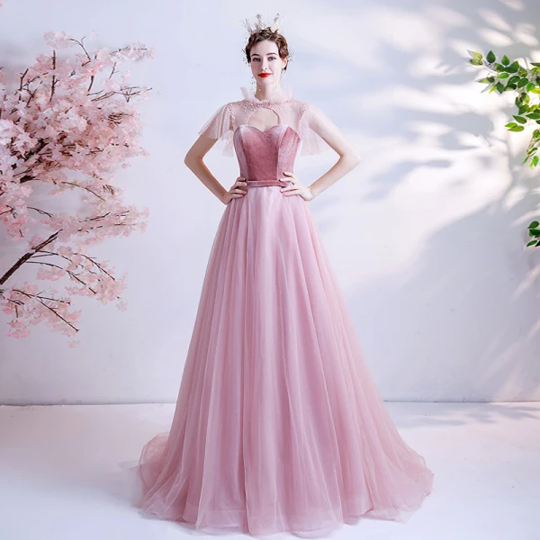 Fashion Candy Pink See-through Prom Dresses 2020 A-Line / Princess High Neck Short Sleeve Sash Beading Glitter Tulle Sweep Train Ruffle Backless Formal Dresses