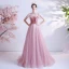 Fashion Candy Pink See-through Prom Dresses 2020 A-Line / Princess High Neck Short Sleeve Sash Beading Glitter Tulle Sweep Train Ruffle Backless Formal Dresses