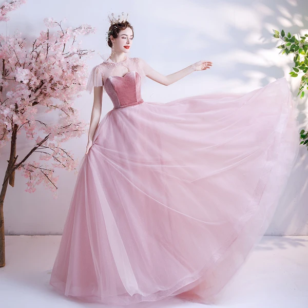 Fashion Candy Pink See-through Prom Dresses 2020 A-Line / Princess High Neck Short Sleeve Sash Beading Glitter Tulle Sweep Train Ruffle Backless Formal Dresses