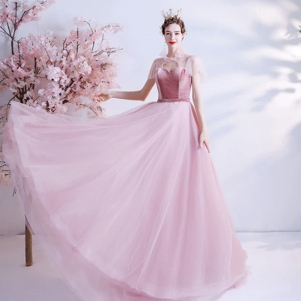 Fashion Candy Pink See-through Prom Dresses 2020 A-Line / Princess High Neck Short Sleeve Sash Beading Glitter Tulle Sweep Train Ruffle Backless Formal Dresses