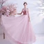 Fashion Candy Pink See-through Prom Dresses 2020 A-Line / Princess High Neck Short Sleeve Sash Beading Glitter Tulle Sweep Train Ruffle Backless Formal Dresses