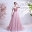 Fashion Candy Pink See-through Prom Dresses 2020 A-Line / Princess High Neck Short Sleeve Sash Beading Glitter Tulle Sweep Train Ruffle Backless Formal Dresses