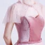 Fashion Candy Pink See-through Prom Dresses 2020 A-Line / Princess High Neck Short Sleeve Sash Beading Glitter Tulle Sweep Train Ruffle Backless Formal Dresses