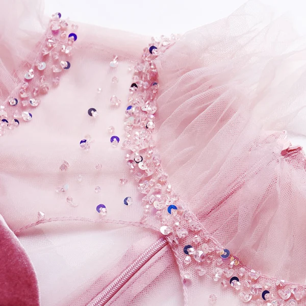 Fashion Candy Pink See-through Prom Dresses 2020 A-Line / Princess High Neck Short Sleeve Sash Beading Glitter Tulle Sweep Train Ruffle Backless Formal Dresses