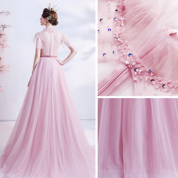 Fashion Candy Pink See-through Prom Dresses 2020 A-Line / Princess High Neck Short Sleeve Sash Beading Glitter Tulle Sweep Train Ruffle Backless Formal Dresses