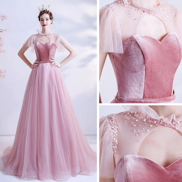 Fashion Candy Pink See-through Prom Dresses 2020 A-Line / Princess High Neck Short Sleeve Sash Beading Glitter Tulle Sweep Train Ruffle Backless Formal Dresses