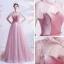 Fashion Candy Pink See-through Prom Dresses 2020 A-Line / Princess High Neck Short Sleeve Sash Beading Glitter Tulle Sweep Train Ruffle Backless Formal Dresses