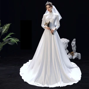 Modest Muslim White Satin Winter Bridal Wedding Dresses 2020 A Line Princess High Neck Long Sleeve Appliques Lace Sweep Train Ruffle