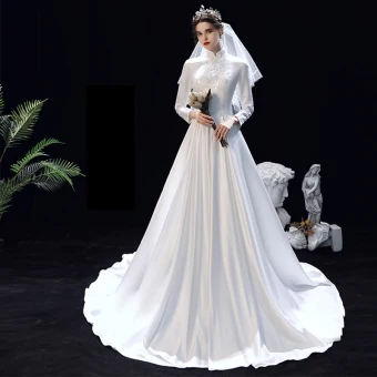 Modeste Musulmane Blanche Satin Hiver La Mariée Robe De Mariée 2020 Princesse Col Haut Manches Longues Appliques En Dentelle Train De Balayage Volants