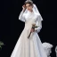 Modest  Muslim White Satin Winter Bridal Wedding Dresses 2020 A-Line / Princess High Neck Long Sleeve Appliques Lace Sweep Train Ruffle