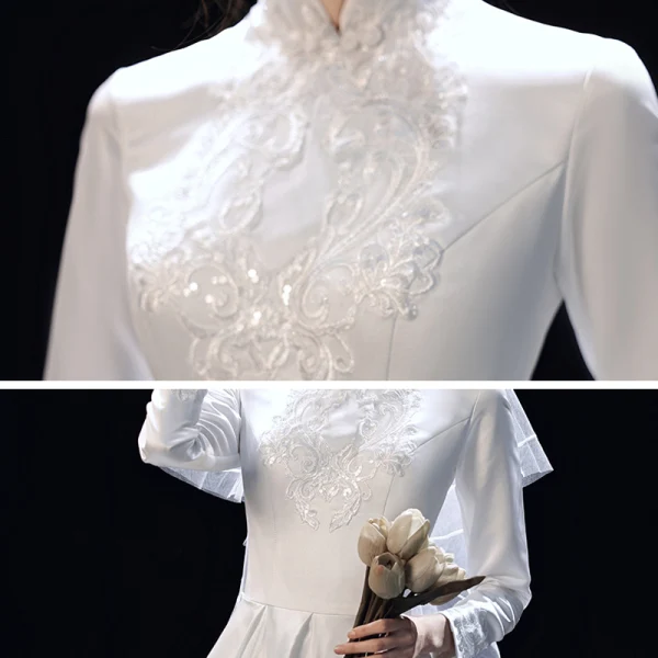 Modest  Muslim White Satin Winter Bridal Wedding Dresses 2020 A-Line / Princess High Neck Long Sleeve Appliques Lace Sweep Train Ruffle