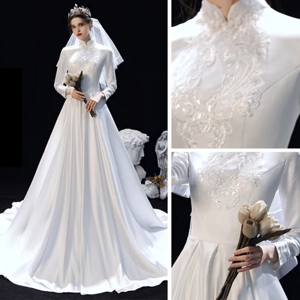 Modest  Muslim White Satin Winter Bridal Wedding Dresses 2020 A-Line / Princess High Neck Long Sleeve Appliques Lace Sweep Train Ruffle
