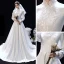 Modest  Muslim White Satin Winter Bridal Wedding Dresses 2020 A-Line / Princess High Neck Long Sleeve Appliques Lace Sweep Train Ruffle