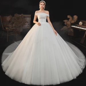 Modest Simple Ivory Bridal Wedding Dresses 2020 Ball Gown Strapless Short Sleeve Backless Chapel Train Ruffle