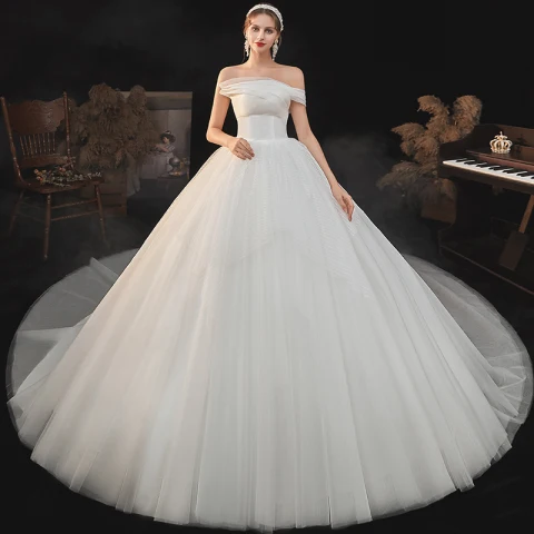 Sencillos Marfil Boda Vestidos De Novia 2020 Ball Gown Sin Tirantes Manga Corta Sin Espalda Chapel Train Ruffle