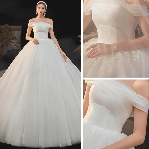 Simple Ivoire La Mariée Robe De Mariée 2020 Robe Boule Bustier Manches Courtes Dos Nu Chapel Train Volants
