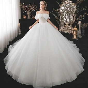 Modest Simple Ivory Bridal Wedding Dresses 2020 Ball Gown Off The Shoulder Short Sleeve Backless Beading Glitter Tulle Cathedral Train Ruffle