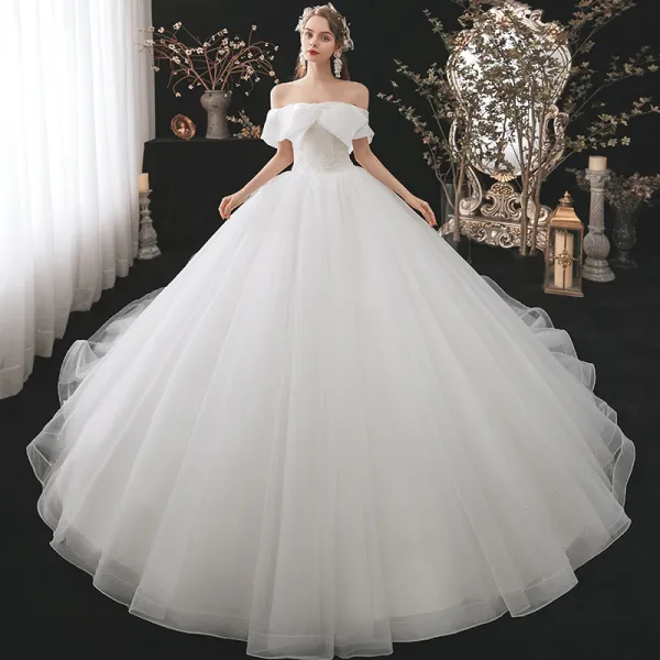 Modest / Simple Ivory Bridal Wedding Dresses 2020 Ball Gown Off-The-Shoulder Short Sleeve Backless Beading Glitter Tulle Cathedral Train Ruffle