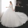 Modest / Simple Ivory Bridal Wedding Dresses 2020 Ball Gown Off-The-Shoulder Short Sleeve Backless Beading Glitter Tulle Cathedral Train Ruffle