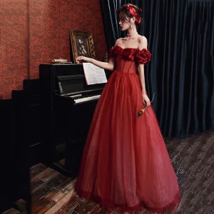 Vintage Originale Bordeaux Perlage Dansant Robe De Bal 2020 Princesse De L 039 Épaule Manches Courtes Glitter Tulle Longue Volants Dos Nu Robe De Ceremonie