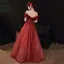 Vintage / Retro Burgundy Beading Dancing Prom Dresses 2020 A-Line / Princess Off-The-Shoulder Short Sleeve Glitter Tulle Floor-Length / Long Ruffle Backless Formal Dresses
