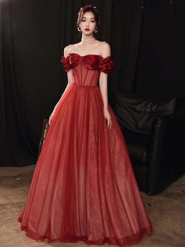 Vintage / Retro Burgundy Beading Dancing Prom Dresses 2020 A-Line / Princess Off-The-Shoulder Short Sleeve Glitter Tulle Floor-Length / Long Ruffle Backless Formal Dresses